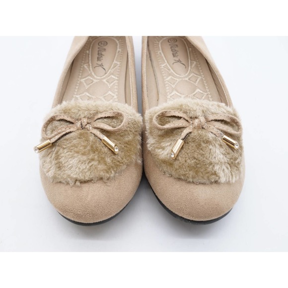 Victoria K Womens 10 Flats Beige Faux Suede Faux Fur Bow Accent Slip On Shoes - Picture 6 of 11